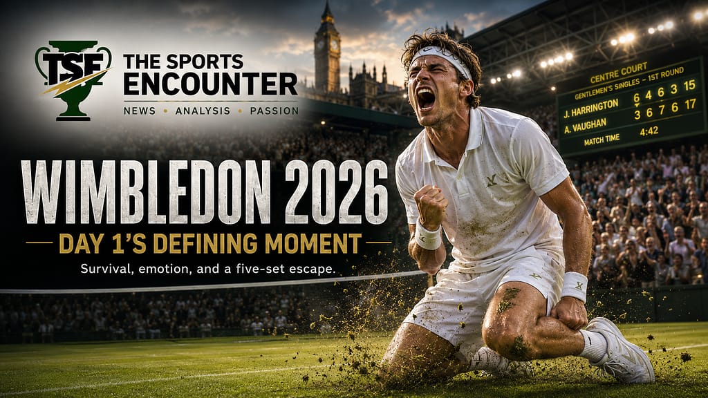 VFX-style Wimbledon 2026 Day 1 image showing a fictional male tennis player celebrating on one knee after a five-set grass-court win, with The Sports Encounter logo, Centre Court-style crowd, scoreboard, and dramatic headline text.