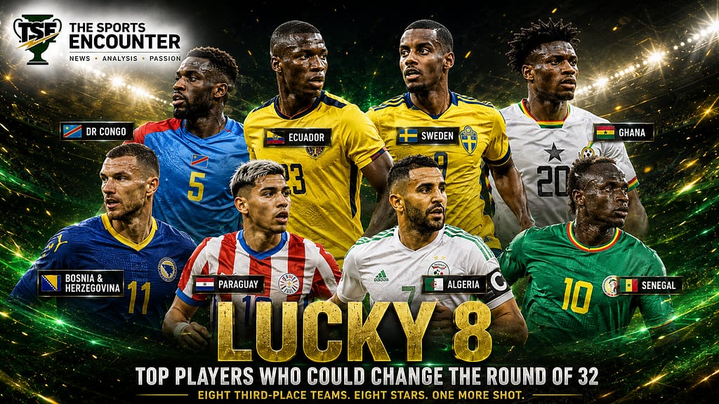 VFX-style Lucky 8 football graphic showing standout players representing DR Congo, Ecuador, Sweden, Ghana, Bosnia and Herzegovina, Paraguay, Algeria, and Senegal, with The Sports Encounter logo and a Round of 32 players-to-watch headline.