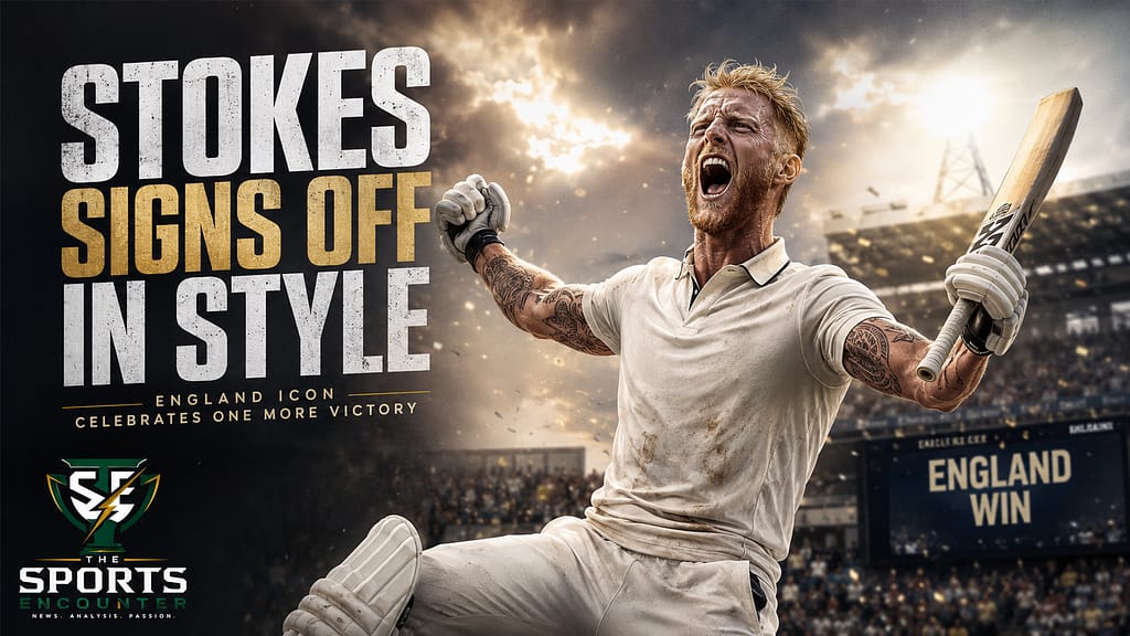 A movie-poster-style cricket image showing a fictional England cricketer celebrating a victory with bat raised, dramatic stadium lighting, crowd scenes, and The Sports Encounter branding.