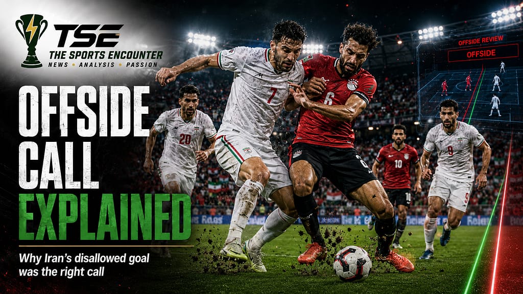 Iranian and Egyptian players battle aggressively for the ball during the Iran vs Egypt World Cup 2026 match, with an offside review graphic highlighting the disputed decision.