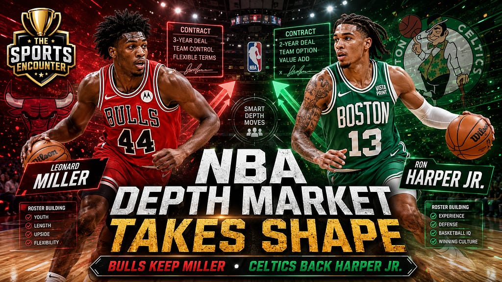 A cinematic NBA depth market graphic showing fictional Bulls and Celtics players in action, with contract panels, roster-building visuals, and headline text about Chicago keeping Leonard Miller and Boston backing Ron Harper Jr.