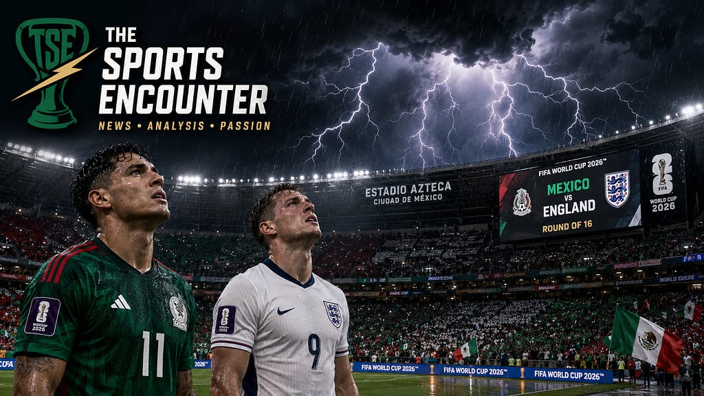 Mexico and England players look up at lightning above Estadio Azteca before their FIFA World Cup 2026 Round of 16 match.