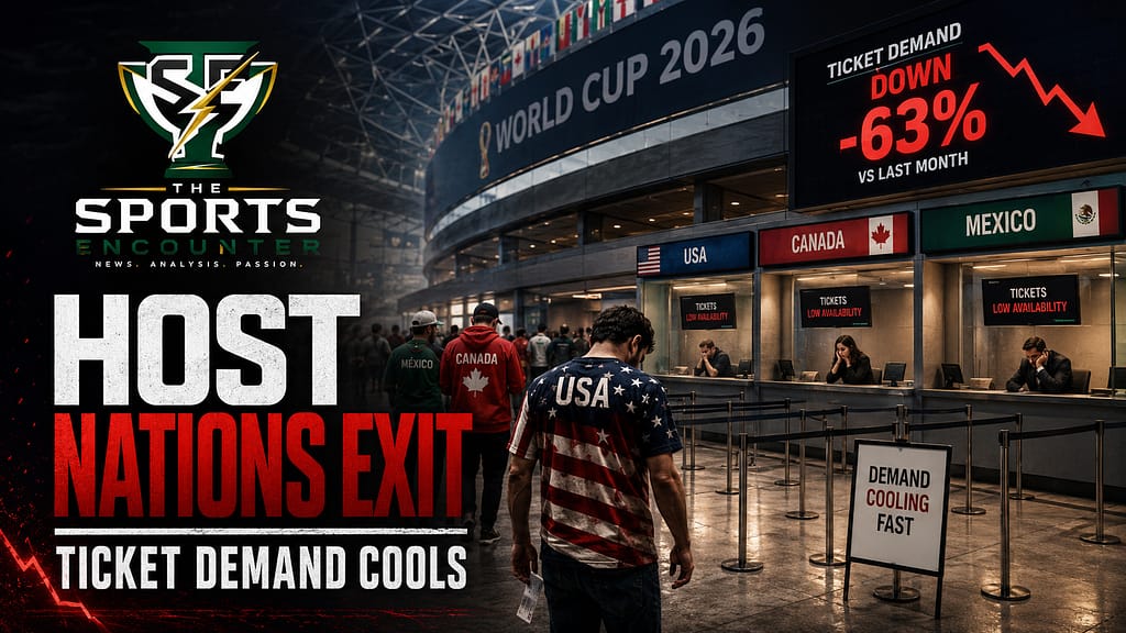 Fans walking away from World Cup 2026 ticket counters after host nations USA, Canada, and Mexico exit the tournament, showing empty ticket booths, falling demand, and The Sports Encounter logo in a dramatic sports news graphic.