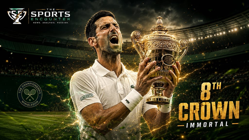 Novak Djokovic celebrates with a golden Wimbledon-style trophy in his hands inside a dramatic grass-court stadium scene, with The Sports Encounter logo and 8th crown theme.
