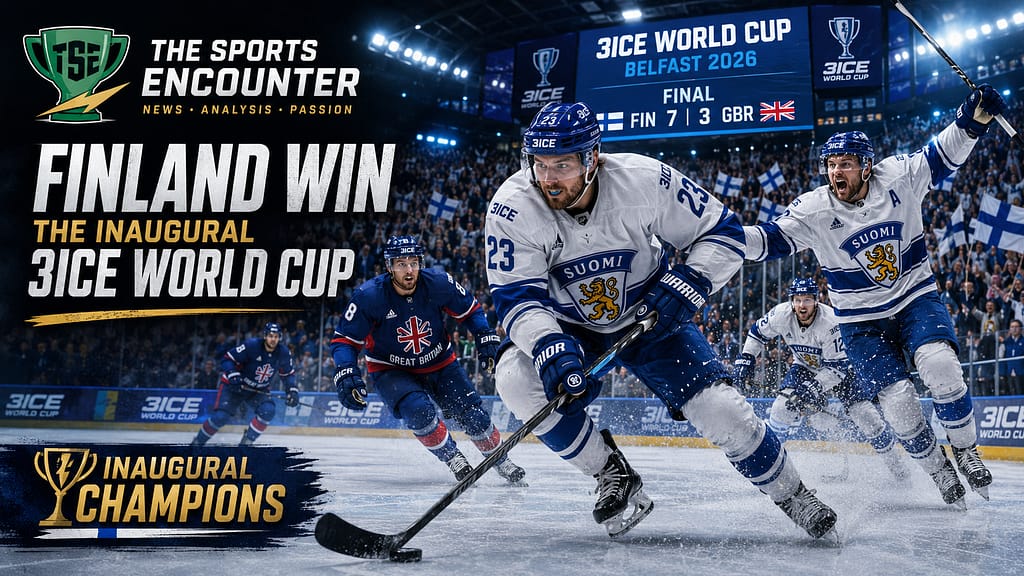 3ICE Finland players attack at speed against Great Britain during the 3ICE World Cup final in Belfast, celebrating their inaugural championship win.