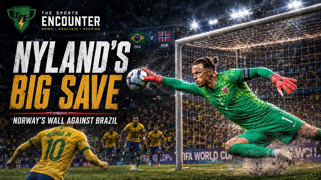 Ørjan Nyland dives in a green Norway goalkeeper kit to save a penalty from a Brazilian player during the FIFA World Cup 2026 knockout match.