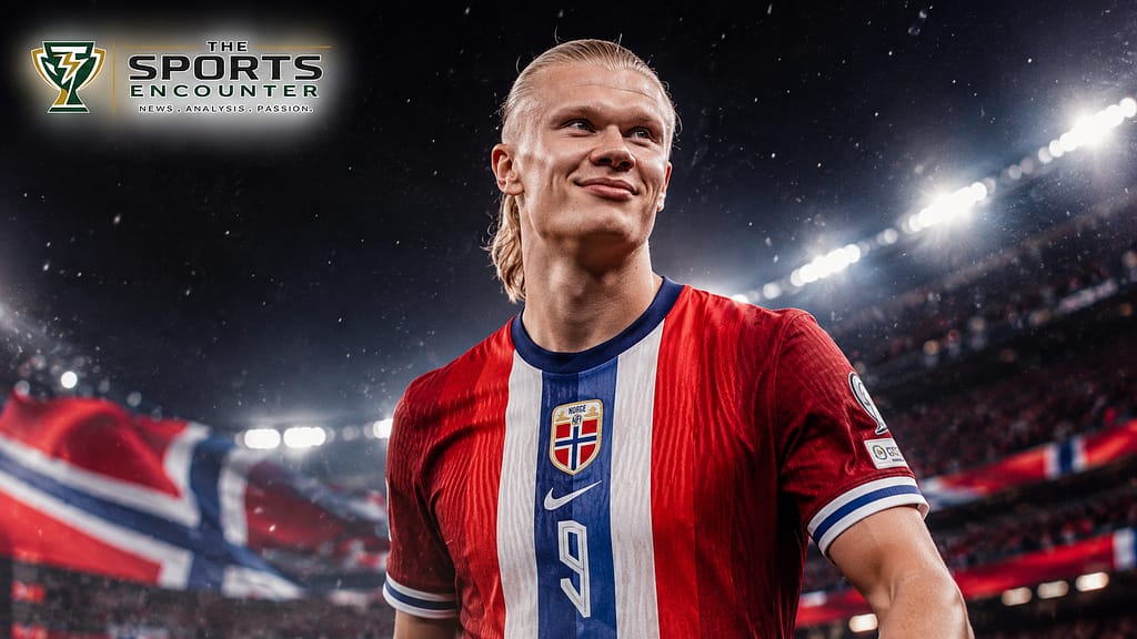 Erling Haaland-inspired Norway striker smiles calmly in a cinematic World Cup 2026 stadium scene with Norway colors and The Sports Encounter logo.