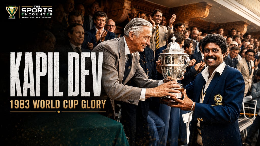 Kapil Dev receives the 1983 Cricket World Cup trophy at Lord’s as officials and spectators applaud, with The Sports Encounter branding and “1983 World Cup Glory” text.