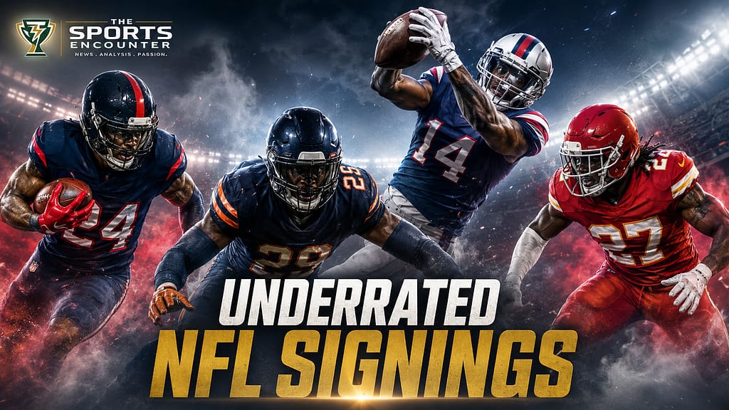 NFL players in multiple team-style uniforms compete under dramatic stadium lights in a VFX graphic about underrated 2026 NFL offseason signings, with The Sports Encounter logo.