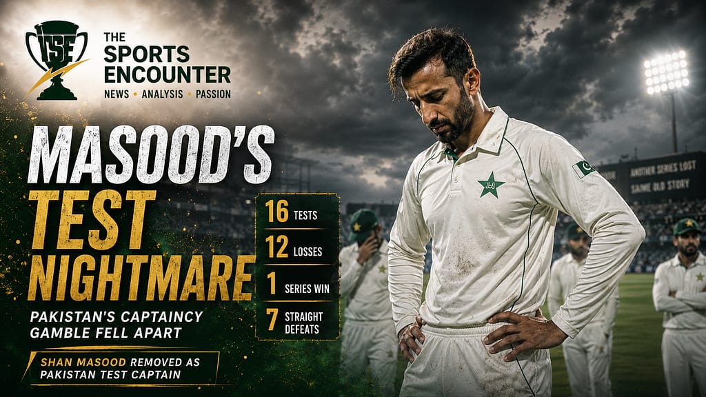 Shan Masood stands dejected on a cricket ground after Pakistan’s poor Test run, with captaincy stats showing 16 Tests, 12 losses, one series win, and seven straight defeats.