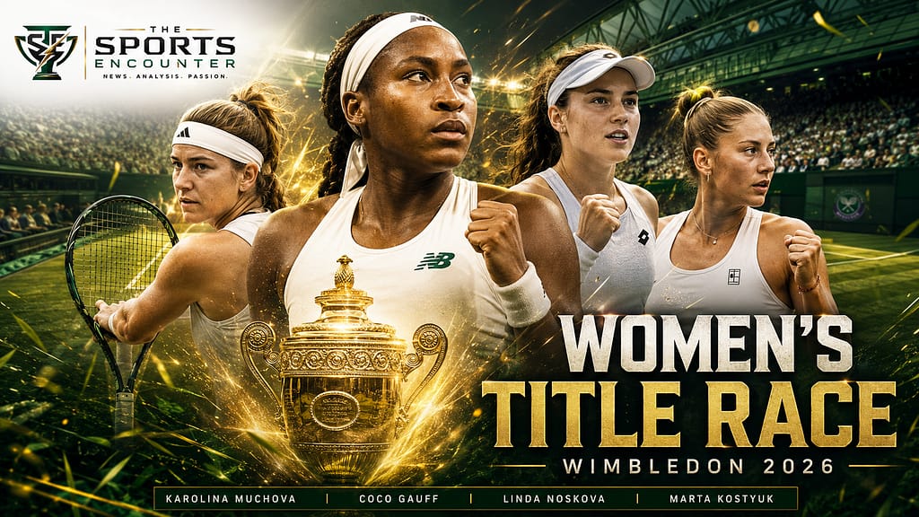 Coco Gauff, Karolina Muchova, Linda Noskova and Marta Kostyuk appear in a dramatic Wimbledon 2026 VFX poster with a glowing trophy, grass-court stadium backdrop and The Sports Encounter logo.