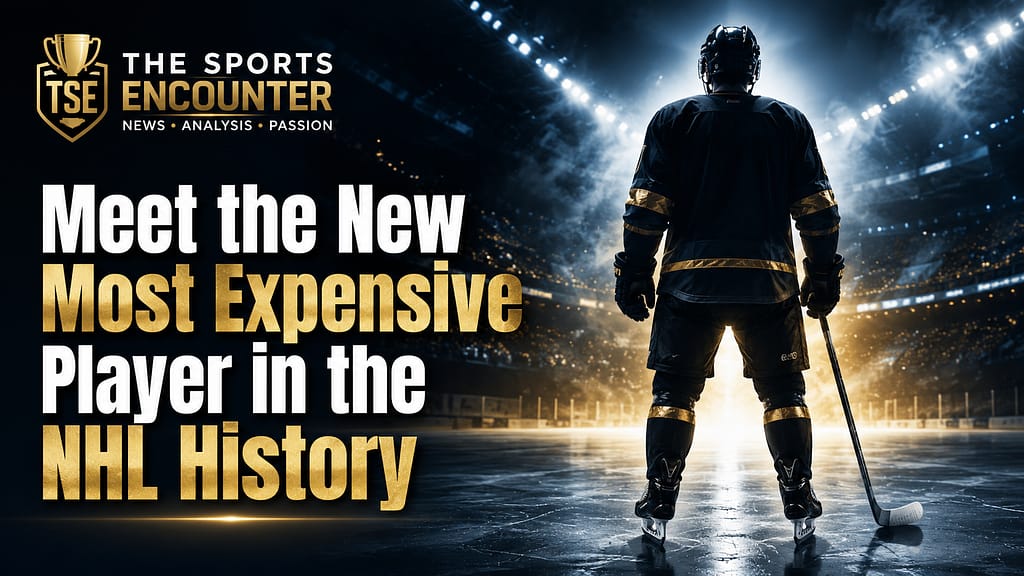 Anonymous hockey player stands on the ice under arena lights beside the headline “Meet the New Most Expensive Player in the NHL History” in a dramatic NHL-themed graphic.