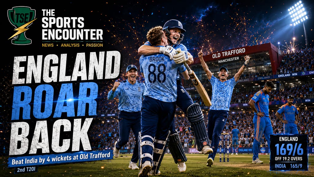 England players celebrate their 2nd T20I victory over India at Old Trafford as Indian players stand dejected in the background under stadium floodlights.