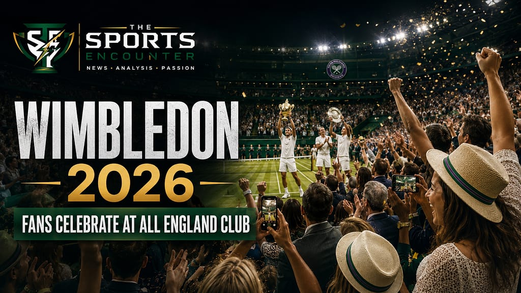 Wimbledon 2026 featured image showing fans celebrating at the All England Club as tennis winners lift trophies on a grass court with The Sports Encounter logo.