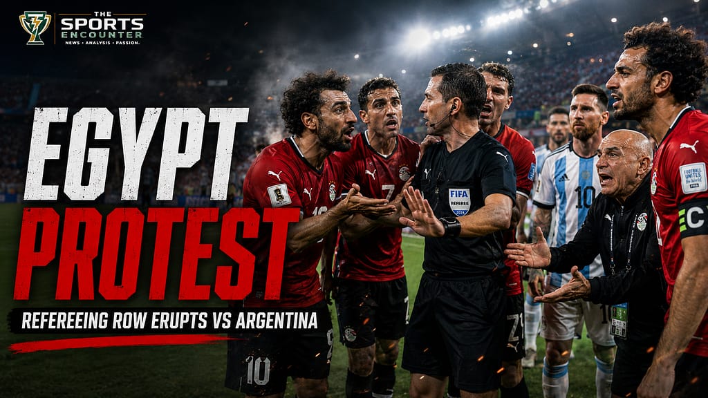 Egyptian players and coaching staff protest to the referee during the Argentina World Cup match after disputed calls and VAR controversy.