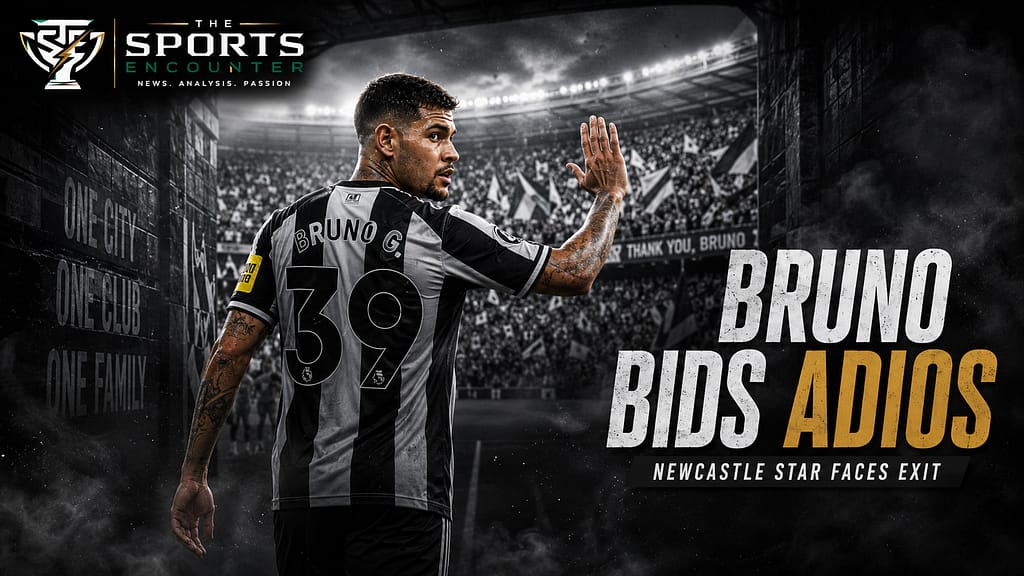 Bruno Guimarães waves goodbye in a black-and-white Newcastle-style kit inside a smoky stadium tunnel, with “Bruno Bids Adios” headline and The Sports Encounter logo.