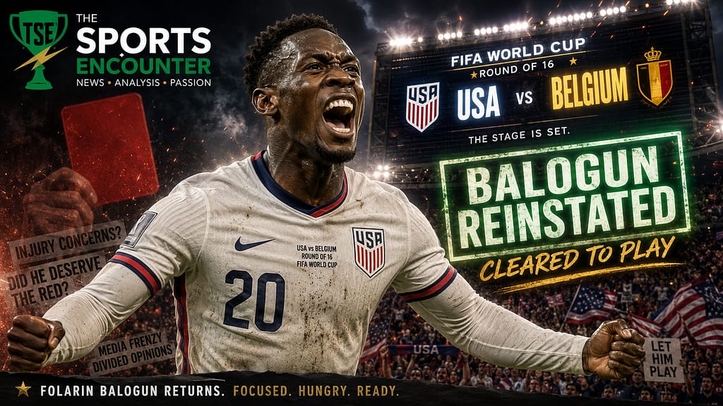 Folarin Balogun celebrates after being cleared to play for the United States against Belgium in the FIFA World Cup 2026 Round of 16.