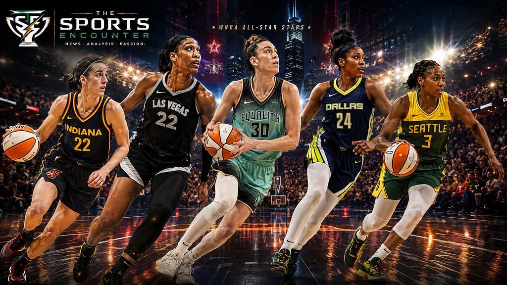 Top WNBA stars stand and move across a dramatic basketball court in team-colored jerseys under arena lights, with an All-Star atmosphere and The Sports Encounter logo.