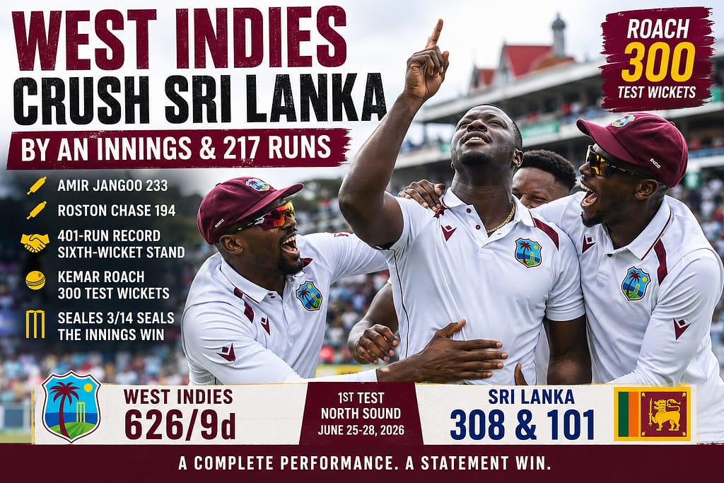 West Indies players celebrate after bowling Sri Lanka out at North Sound, with broken stumps, a dismissed batter, and The Sports Encounter branding marking Roach’s 300-wicket milestone.
